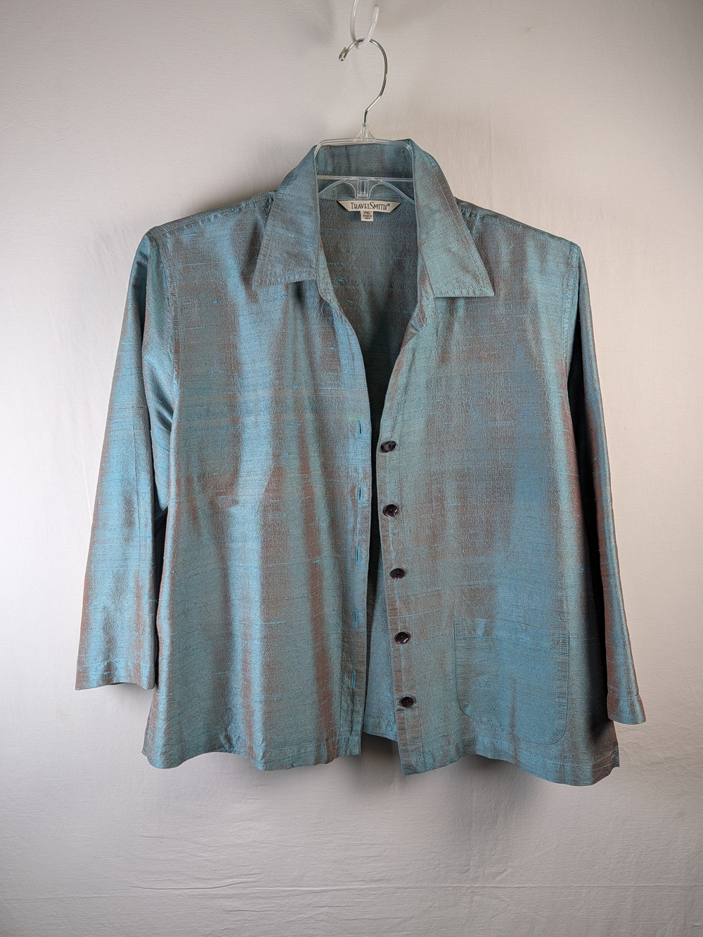 TravelSmith Womens Petite PXL Silk Woven Button Front Collared 3/4 Blouse